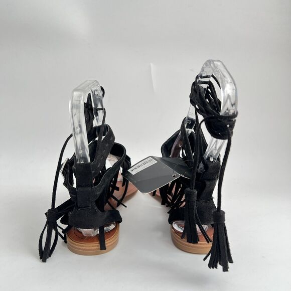 Forever 21 Sandals Women Size 6.5M Black Fringe Thong Up Leg Ties - Picture 7 of 13